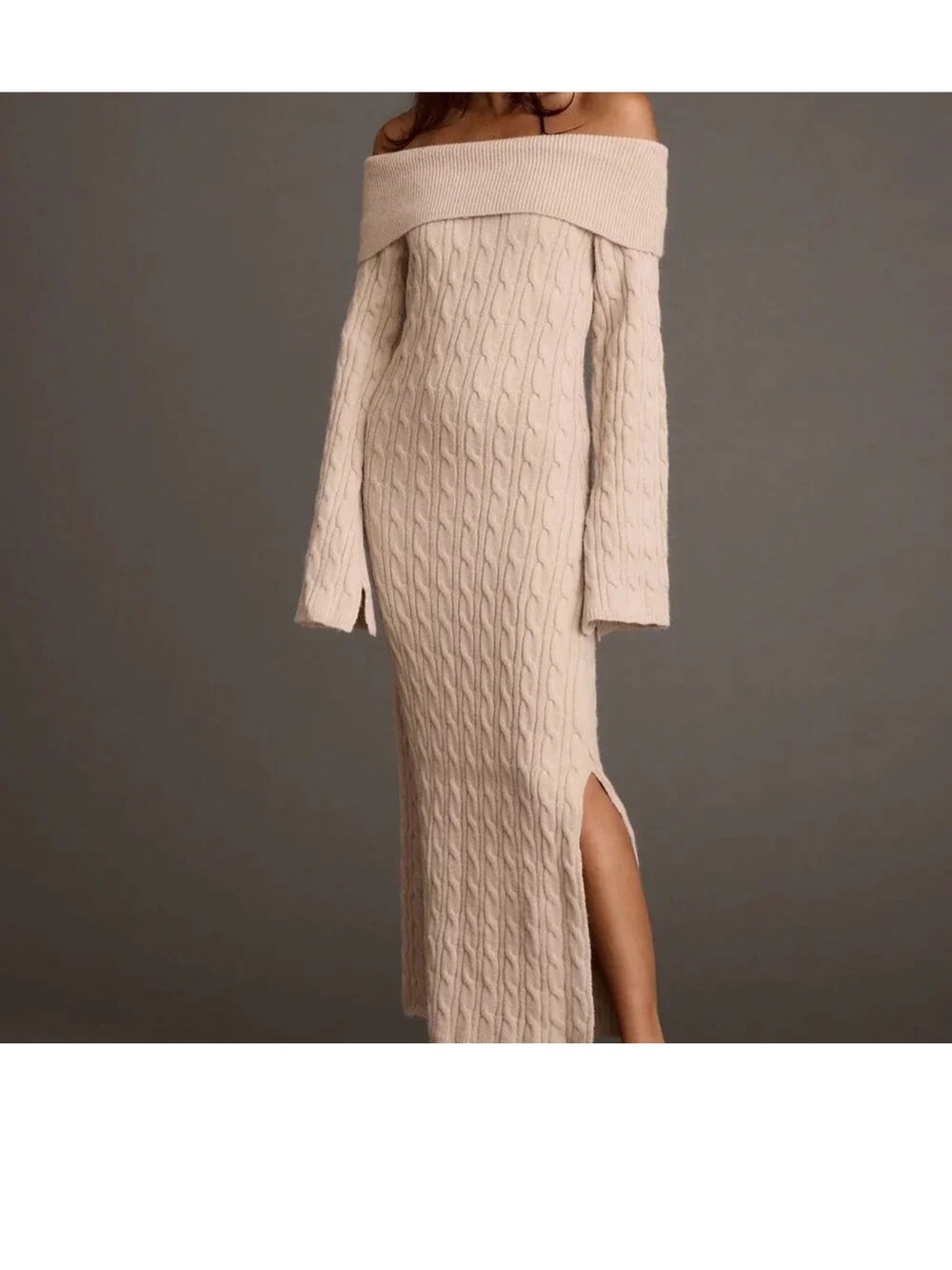 Beige Cable Knit Sweater Dress - S